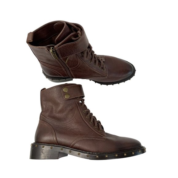 Womens Vince Camuto 6.5 Zip Leather Lace Up Booties Combat Brown Stud 6571 EUC - Picture 2 of 13
